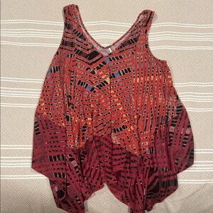 Free People Women's Red and Black Patterned Handkerchief Hem Boho Tapestry Top
